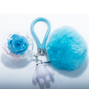 BLUE PRESERVED ROSE | BLUE FLUFFY BALL KEYCHAIN
