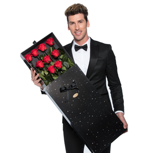 Sirius | 9 Long Stem Red Preserved Roses in Black Bouquet Box