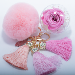 PINK PRESERVED ROSE | PINK FLUFFY BALL WITH FADED PINK THREAD TASSELS KEYCHAIN