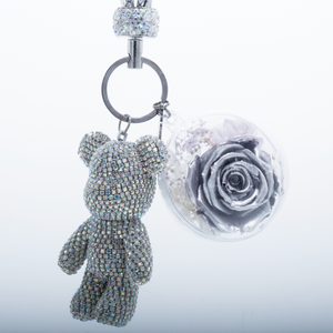 SILVER PRESERVED ROSE | SILVER CRYSTAL ROSE BEAR KEYCHAIN