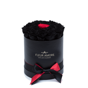 Black & One Red Preserved Roses | Small Round Black Huggy Rose Box